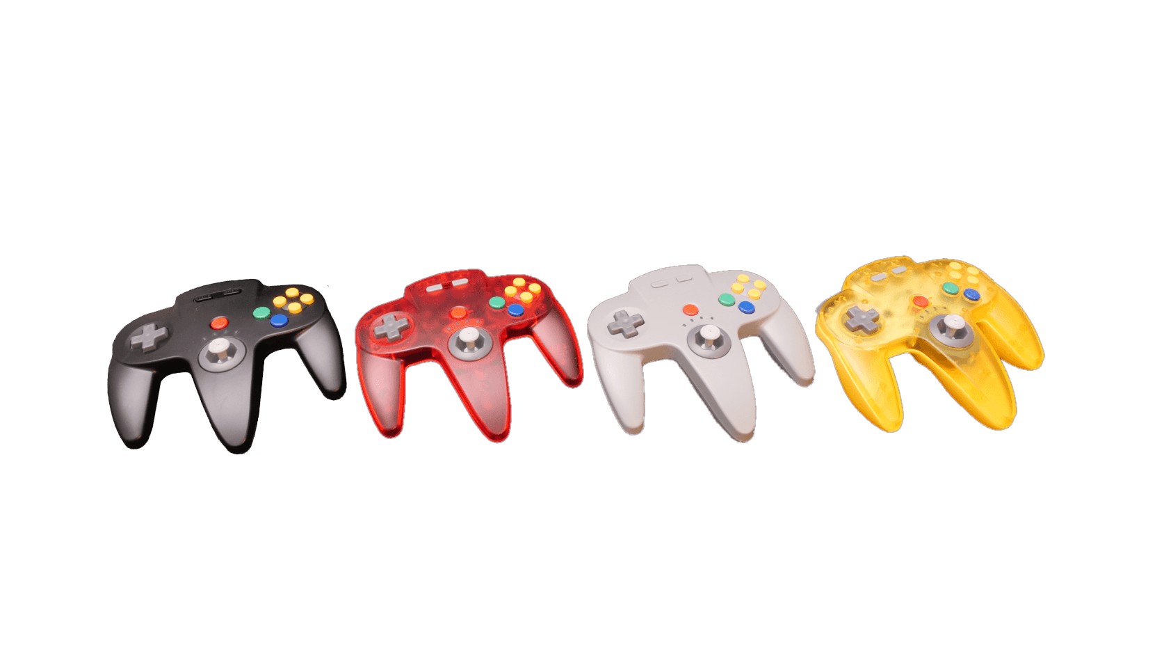 Four Nintendo 64 controllers in black, red, grey and yellow