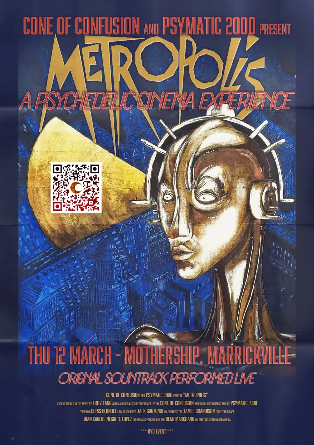 Poster for the Metropolis live score: a painted gold robot woman with headphones against blue city towers, Thu 12 March at Mothership, Marrickville